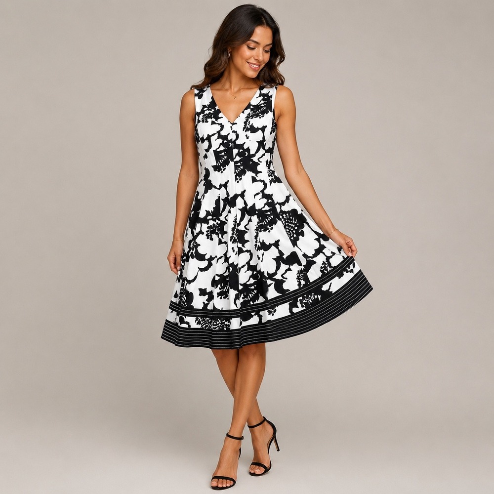 Nine West Dress Women 2 White Black Floral V-Neck Fit & Flare Sleeveless Cotton